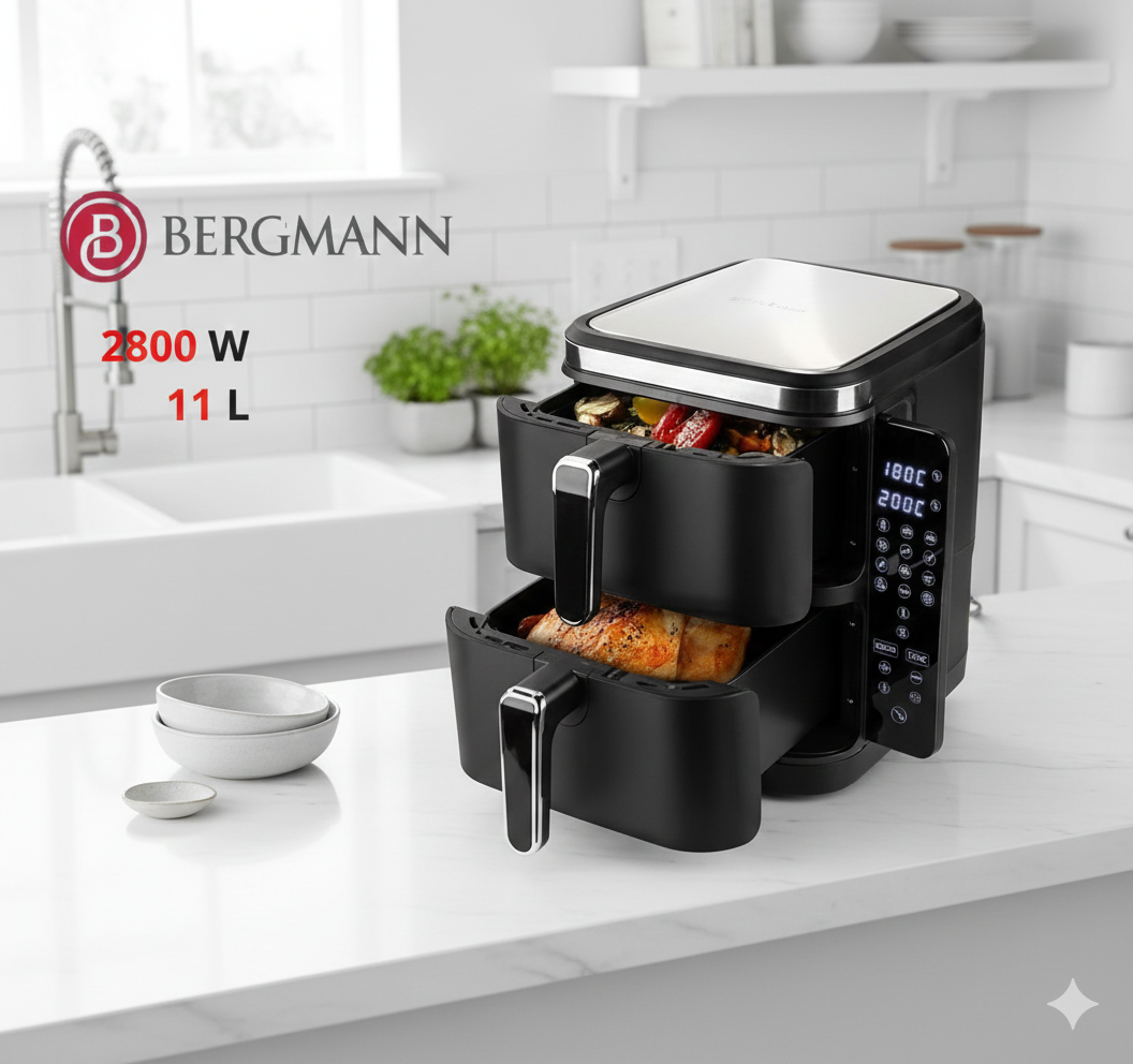 Air Fryer BERGMANN Double Bac Vertical Avec Fenêtre - 11 Litres 2800WATT BAF 9001W مقلاة هوائية