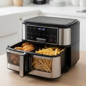 Air fryer SONASHI France bac large 10 litres séparable en deux puissance 2600WATT, écran numerique tactile + cadeau. REF SAF 110