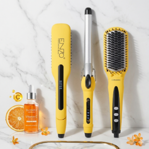 ENZO Pack 3 en 1 styling set: lisseur, boucleur et brosse electrique chauffante REF 3955 jaune