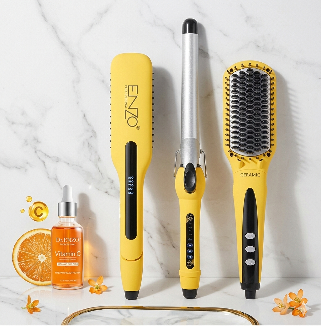 ENZO Pack 3 en 1 styling set: lisseur, boucleur et brosse electrique chauffante REF 3955 jaune
