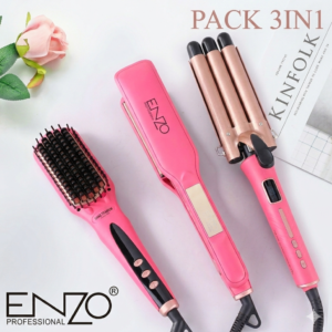 pack ENZO 3 en 1, lisseur, boucleur, et brosse electrique sèche cheveux professionnelle couleur rose REF EN3956