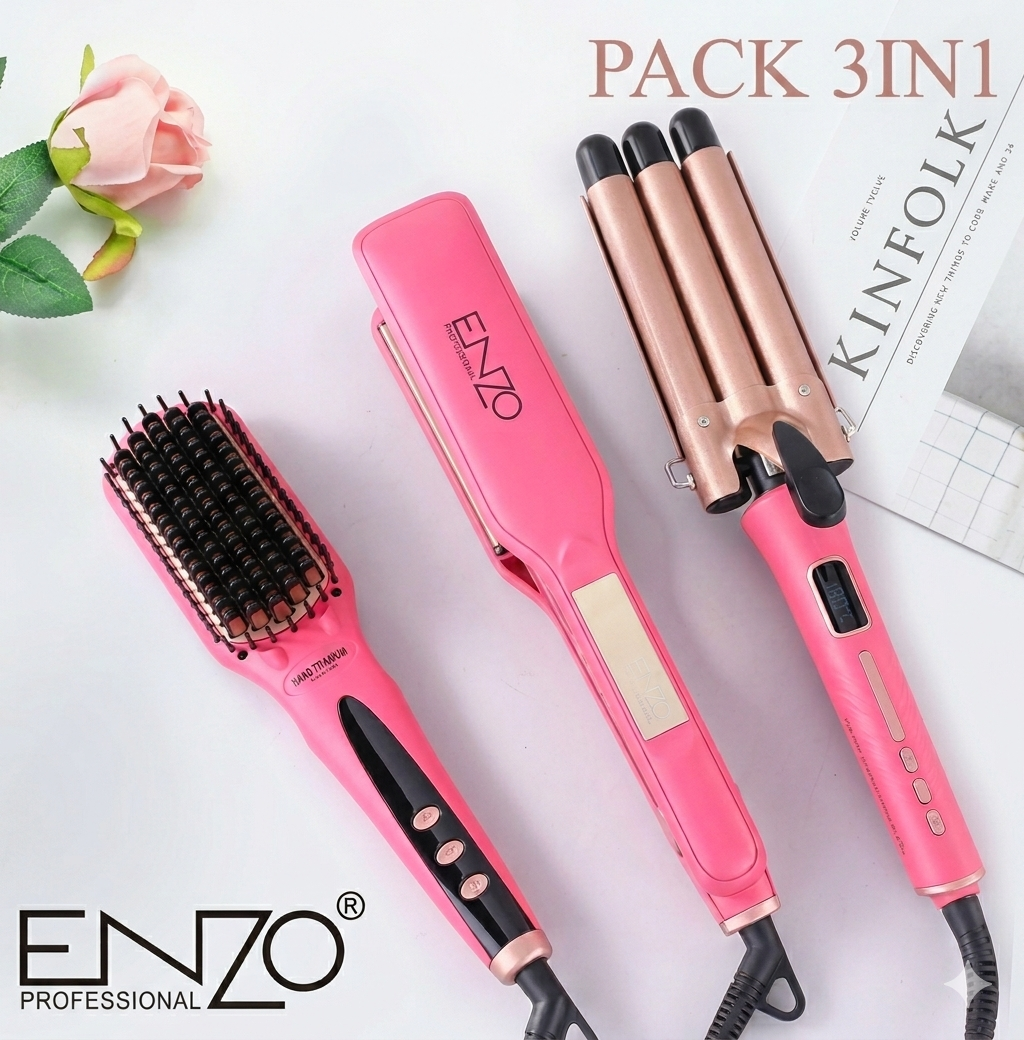 pack ENZO 3 en 1, lisseur, boucleur, et brosse electrique sèche cheveux professionnelle couleur rose REF EN3956