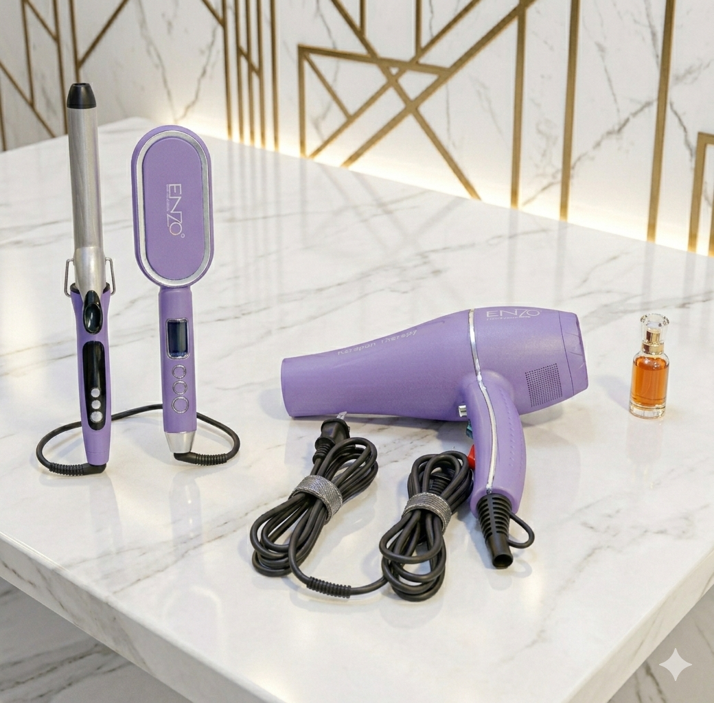 pack ENZO 3 en 1, séchoir, boucleur, et brosse electrique professionnelle couleur violet REF EN 6316 – Image 2