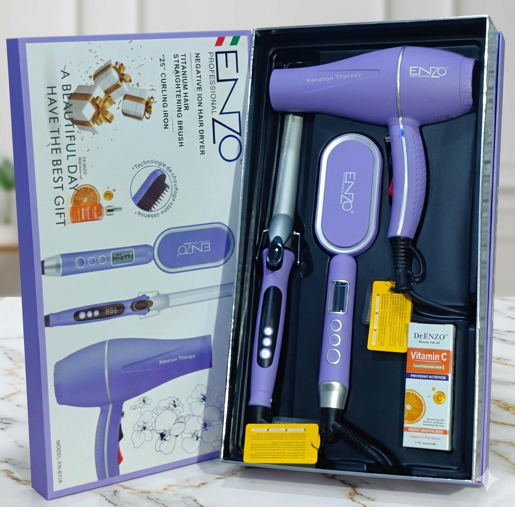 pack ENZO 3 en 1, séchoir, boucleur, et brosse electrique professionnelle couleur violet REF EN 6316